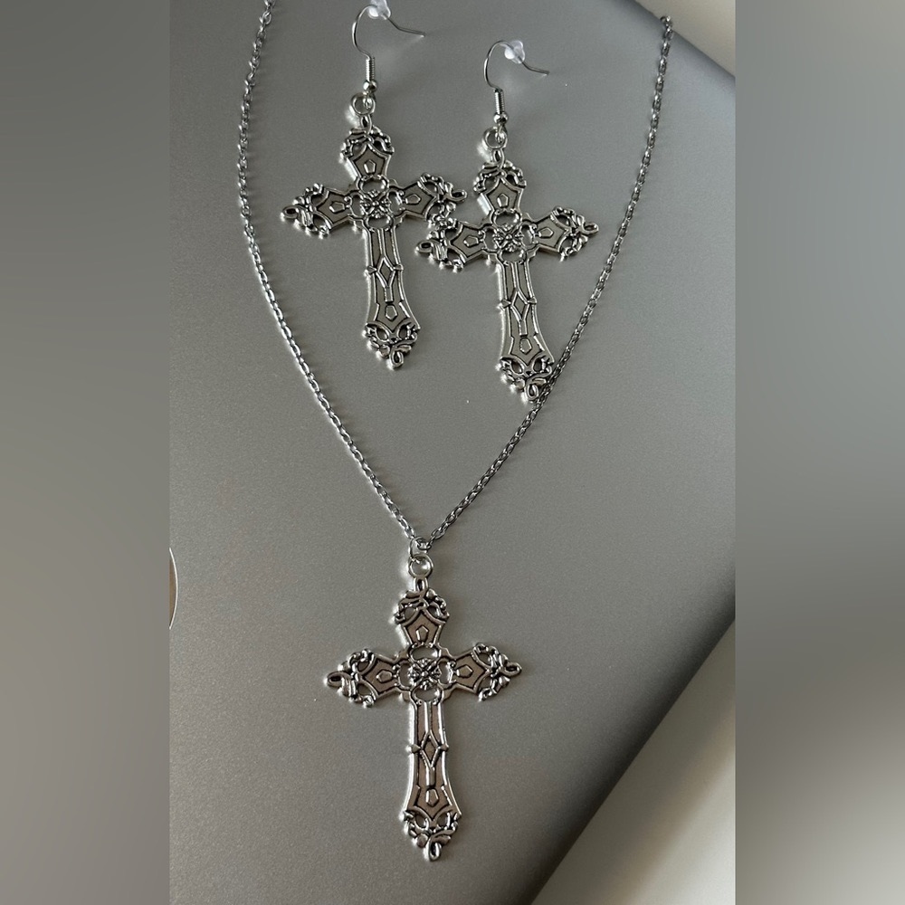 Vintage Silver Plated Jewelry Set Bundle Cross Earrings and Necklace
